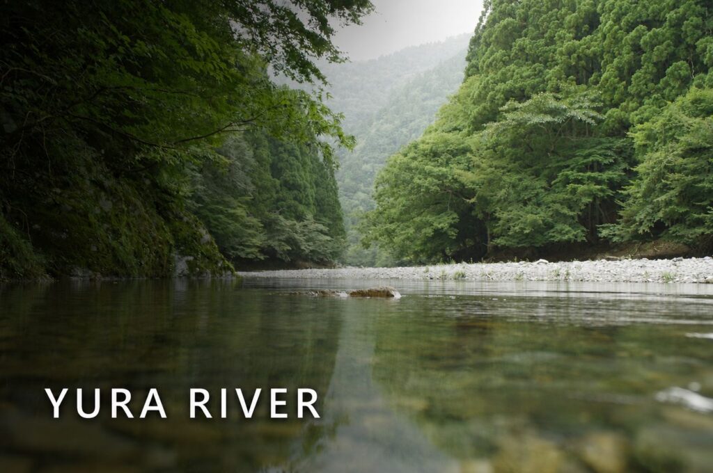 A clear, shallow river flowing through a quiet forest valley in Miyama, Kyoto.